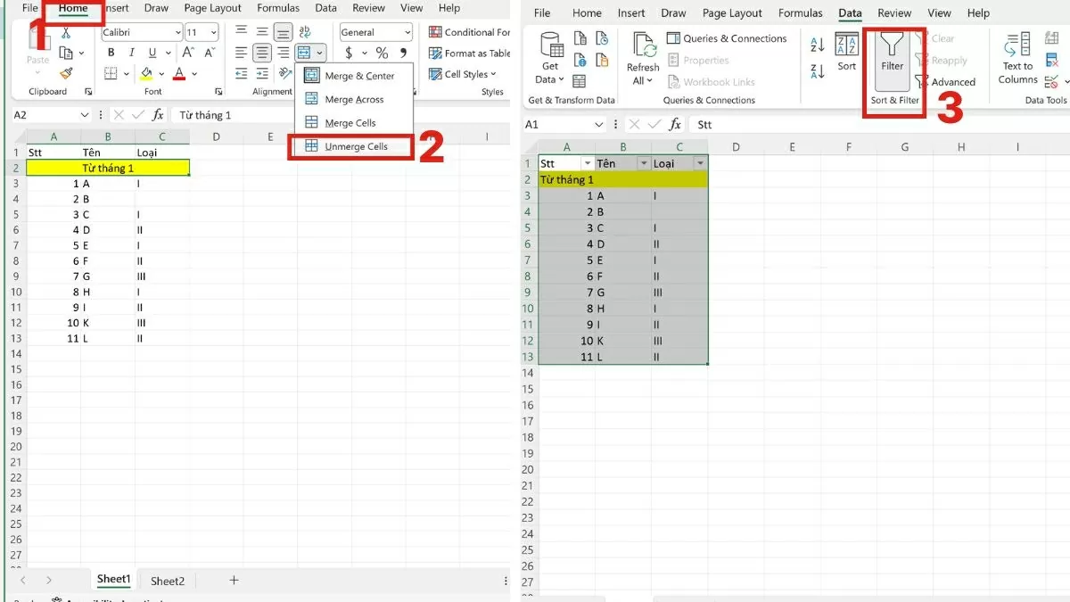 Giải quyết vấn đề với ô hợp nhất bằng tính năng Unmerge Cells Giải quyết vấn đề với ô hợp nhất bằng tính năng Unmerge Cells