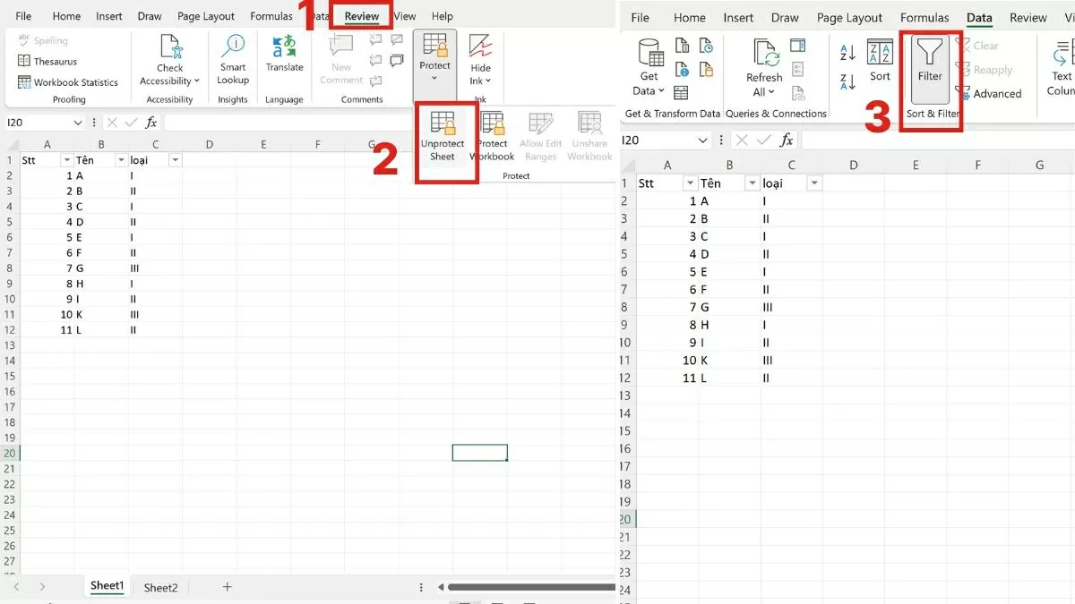 Mở khóa bảng tính bằng Unprotect Sheet để khôi phục tính năng lọc