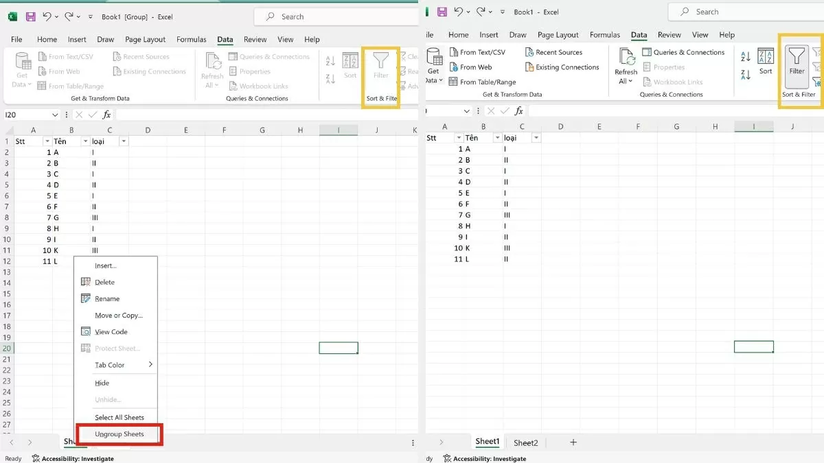 Cách sử dụng tính năng Ungroup để khắc phục lỗi lọc trong Excel