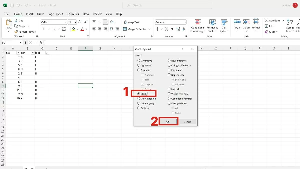 Chọn Go To Special