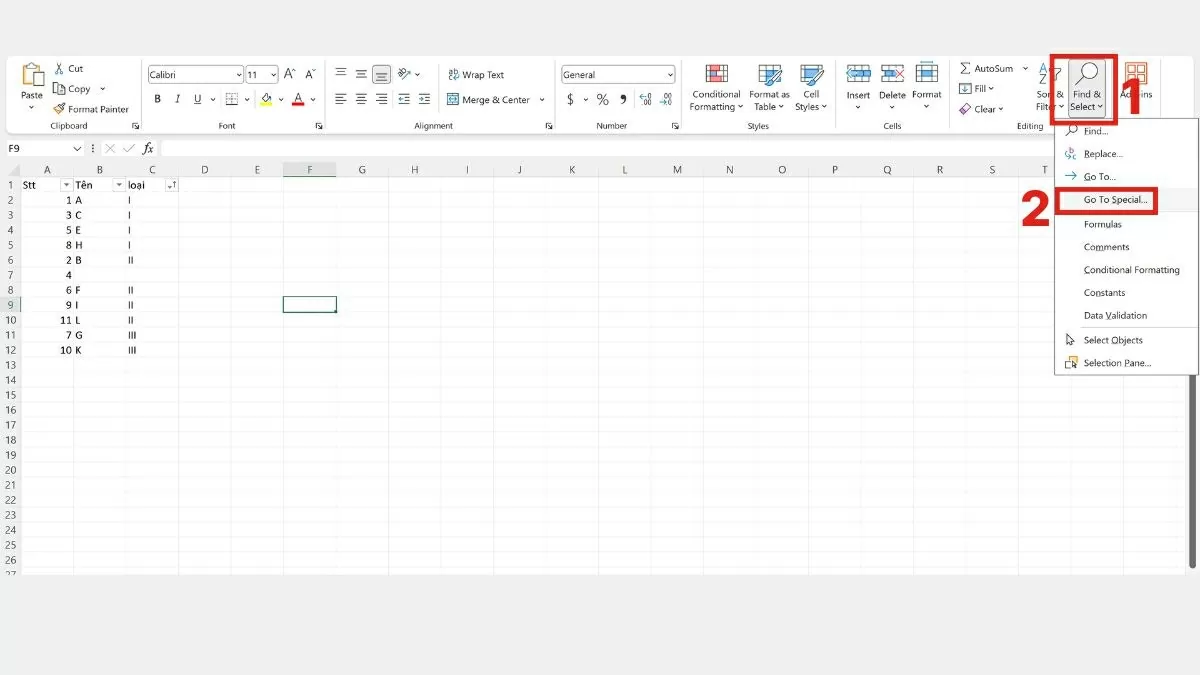 Chọn cột cần lọc và kiểm tra sự xuất hiện của ô trống Chọn cột cần lọc và kiểm tra sự xuất hiện của ô trống
