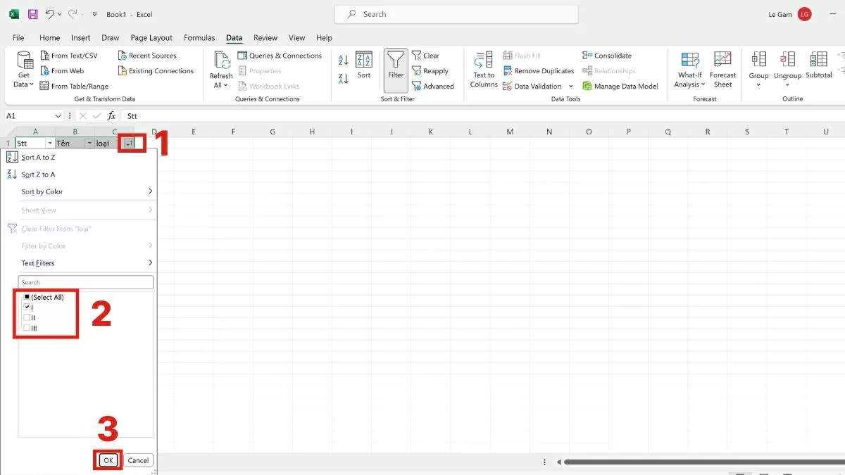 Nhấn vào mũi tên lọc để kiểm tra các tùy chọn Nhấn vào mũi tên lọc để kiểm tra các tùy chọn