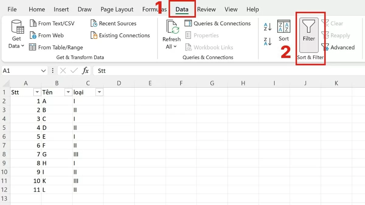 Truy cập tab Data (Dữ liệu) Truy cập tab Data (Dữ liệu)