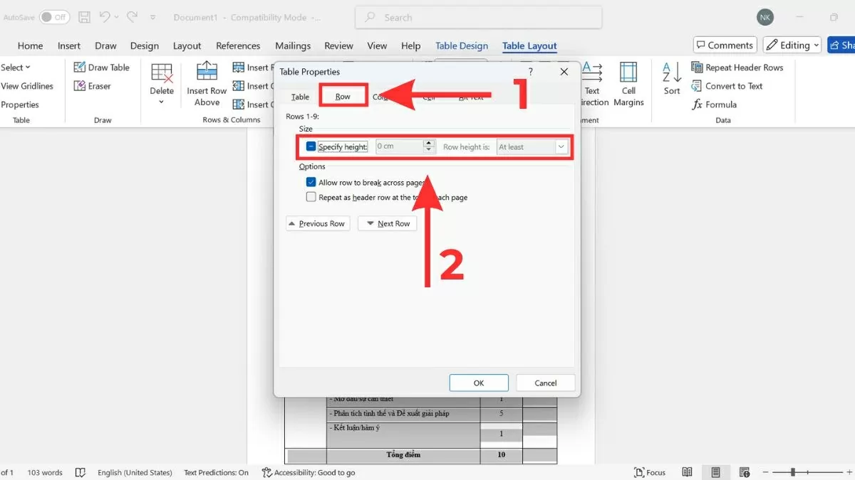 Cửa sổ Table Properties xuất hiện