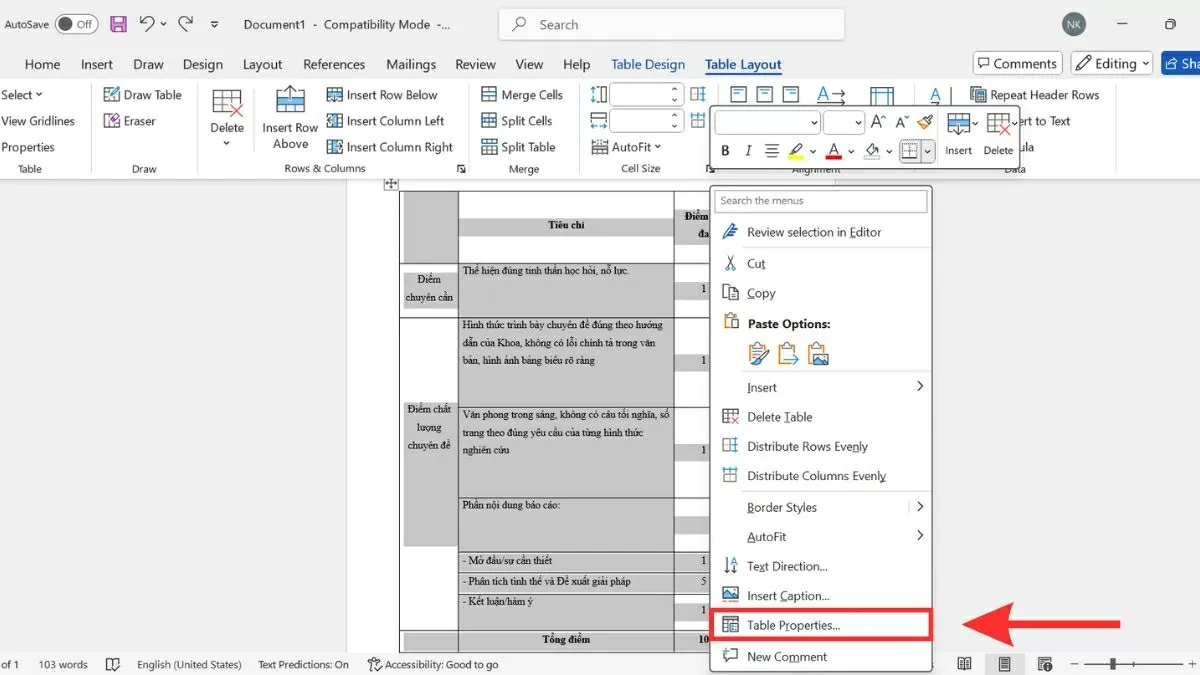 Chọn mục Table Properties Chọn mục Table Properties