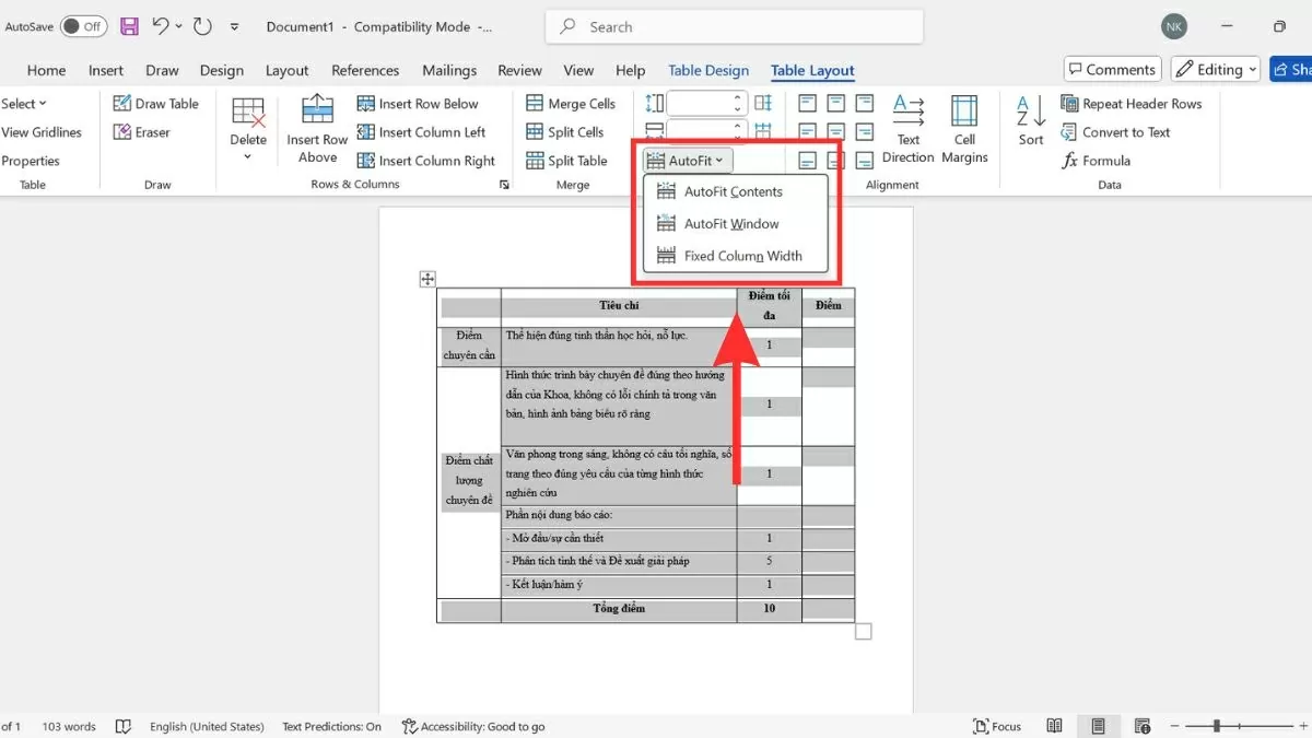 Nhấp vào nút AutoFit Nhấp vào nút AutoFit