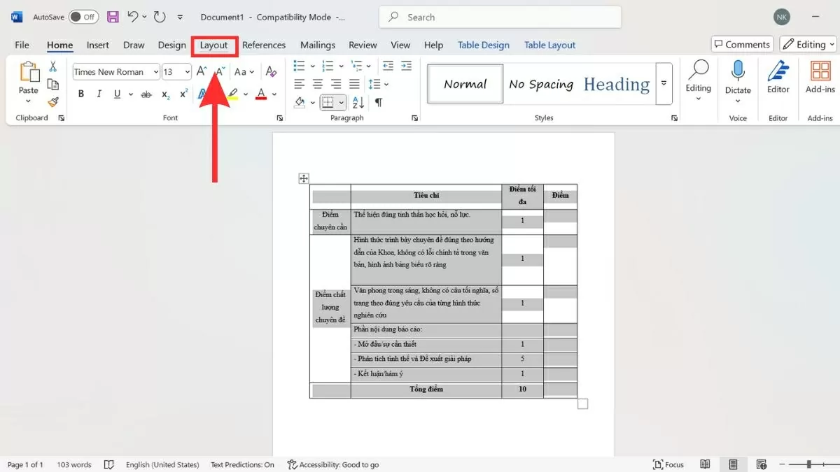 Truy cập tab Layout