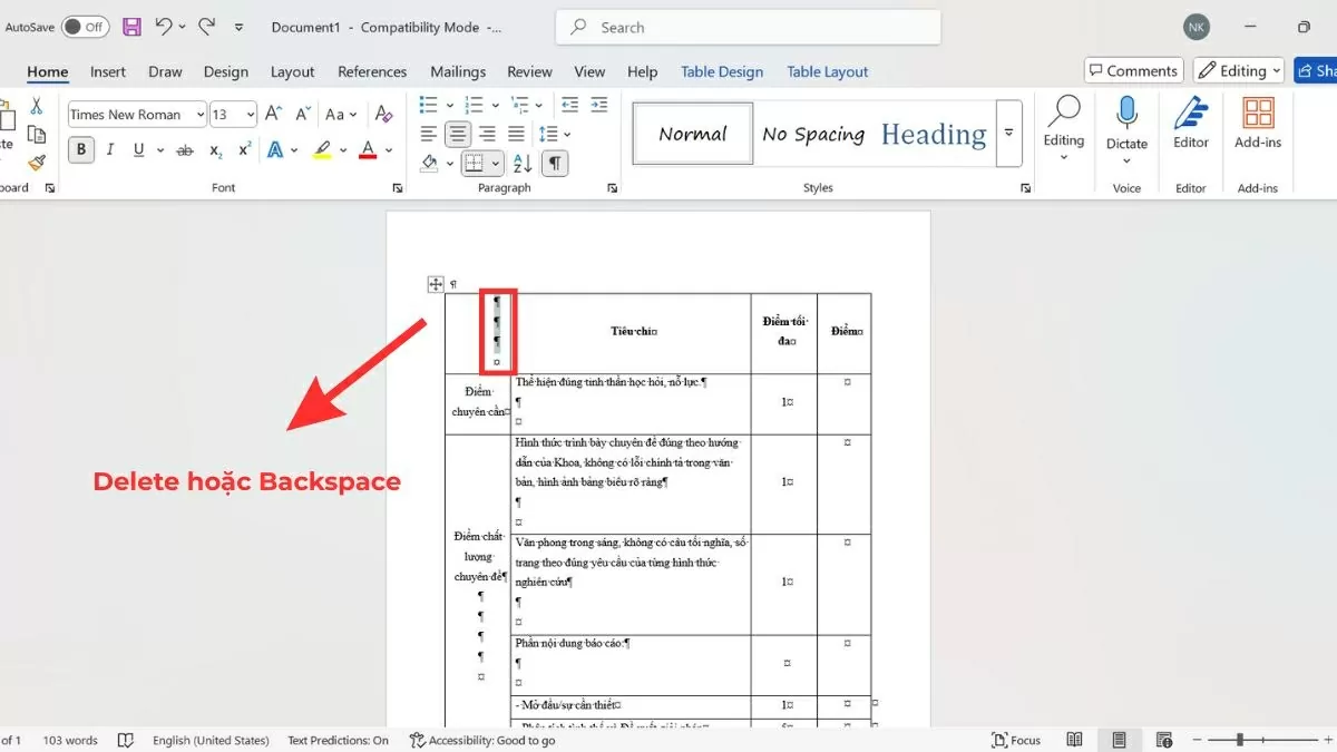 Nhấn Delete hoặc Backspace để xóa