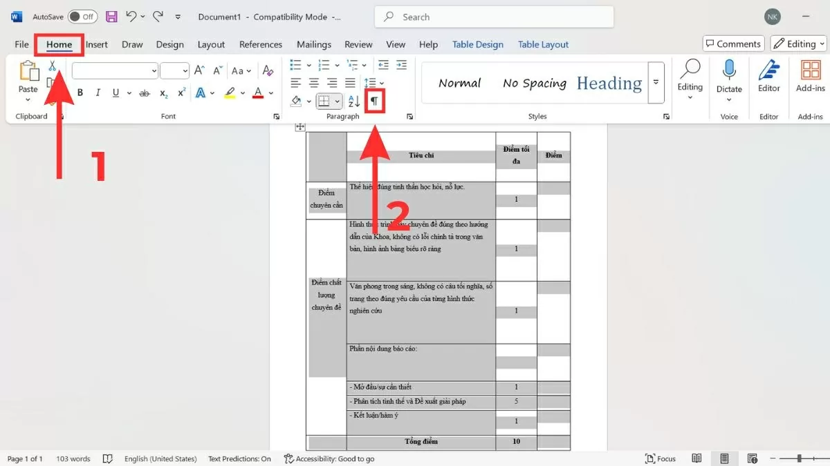 Nhấn tổ hợp Ctrl + Shift + 8 hoặc chọn biểu tượng Paragraph (dấu ¶)