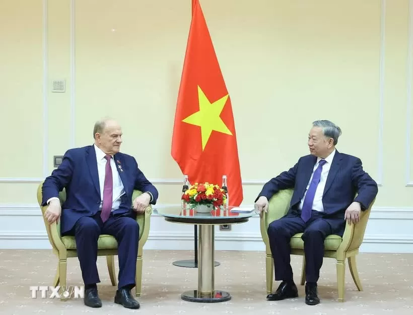 Tổng Bí thư Tô Lâm tiếp Chủ tịch Đảng Cộng sản Nga Gennady Zyuganov. (Ảnh: Thống Nhất/TTXVN)