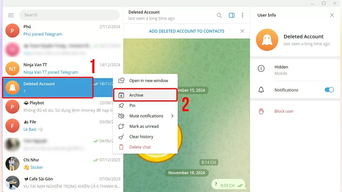 Hướng dẫn ẩn tin nhắn Telegram trên máy tính.