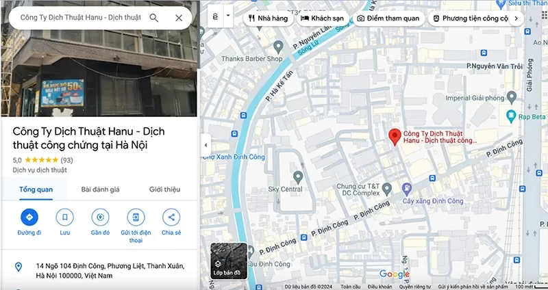 Bản đồ Công ty Dịch thuật Hanu, mức độ uy tín cao với gần 100 đánh giá khách hàng 5 sao.