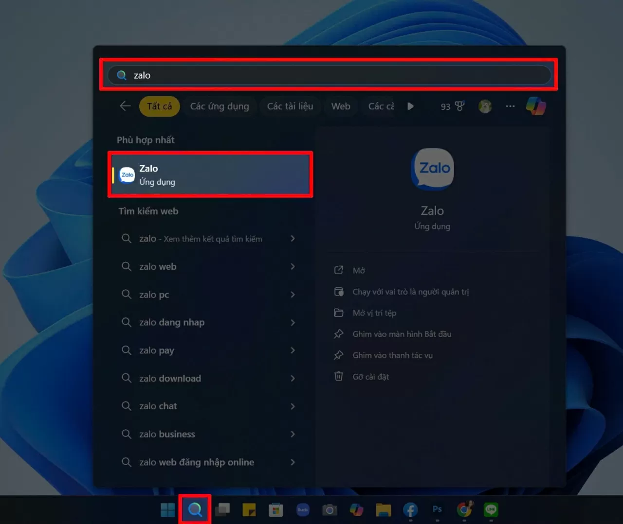 Nhấn biểu tượng Tìm kiếm trên thanh Taskbar.