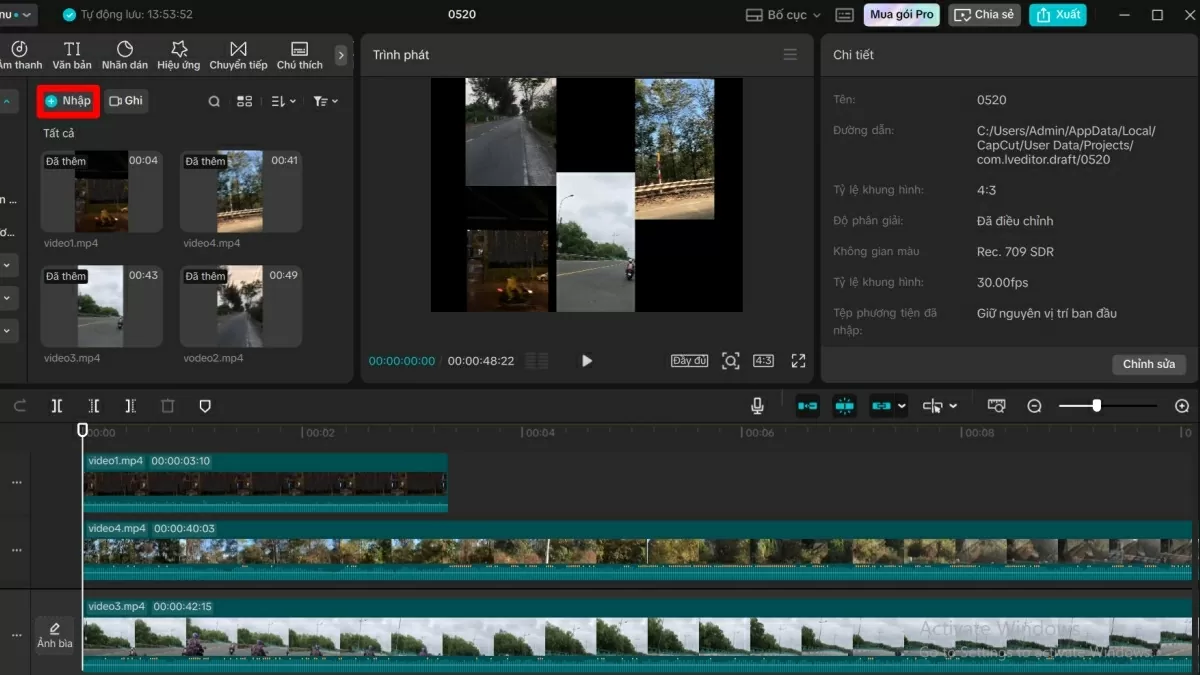 Tiếp tục nhấn Nhập (Import) để thêm video thứ 2, 3 và 4 Tiếp tục nhấn Nhập (Import) để thêm video thứ 2, 3 và 4