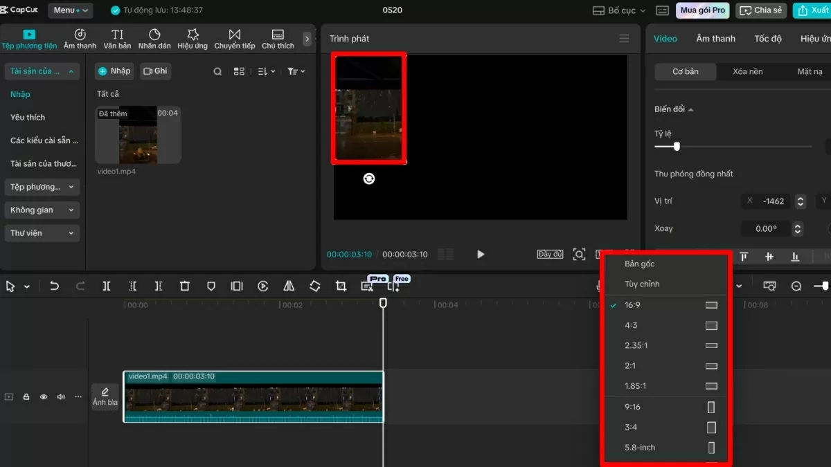 Thiết lập tỷ lệ khung hình phù hợp ở góc dưới