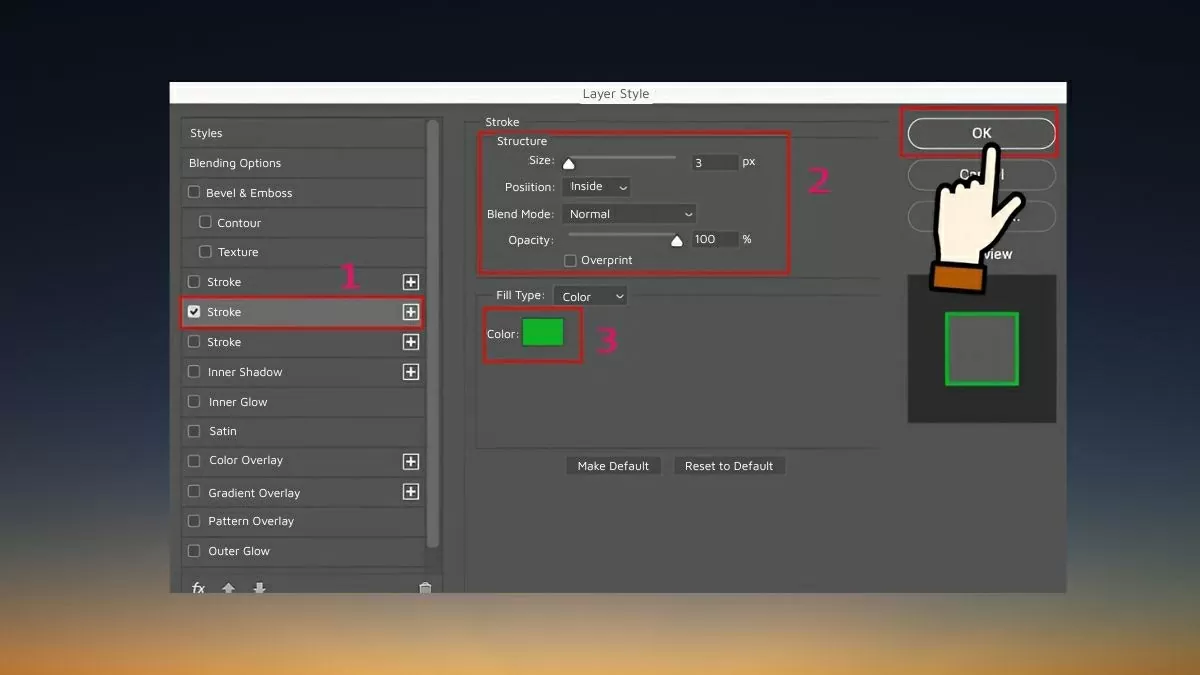 click vào mục Stroke. click vào mục Stroke.