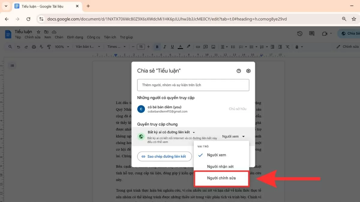 Thay đổi quyền từ “Chỉ xem” sang “Người chỉnh sửa”.