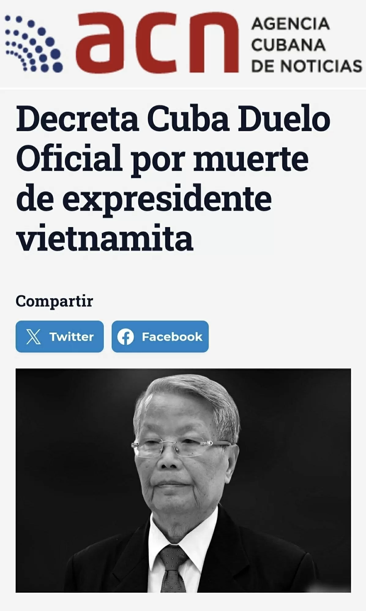 Hãng thông tấn Nhà nước Cuba (ACN) đưa tin bày tỏ sự tiếc thương trước sự ra đi của nguyên Chủ tịch nước Trần Đức Lương. (Nguồn: Đại sứ quán Việt Nam tại Cuba) Hãng thông tấn Nhà nước Cuba (ACN) đưa tin bày tỏ sự tiếc thương trước sự ra đi của nguyên Chủ tịch nước Trần Đức Lương. (Nguồn: Đại sứ quán Việt Nam tại Cuba)