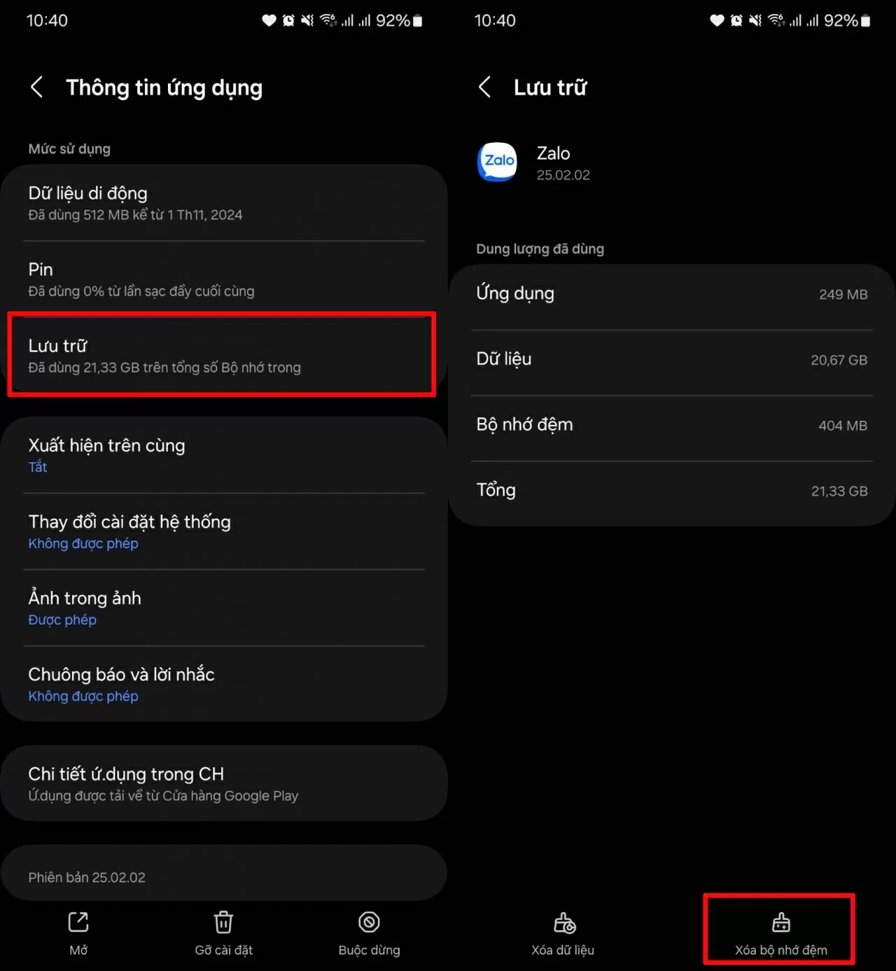 Vào mục “Lưu trữ” > Nhấn “Xóa bộ nhớ đệm”.