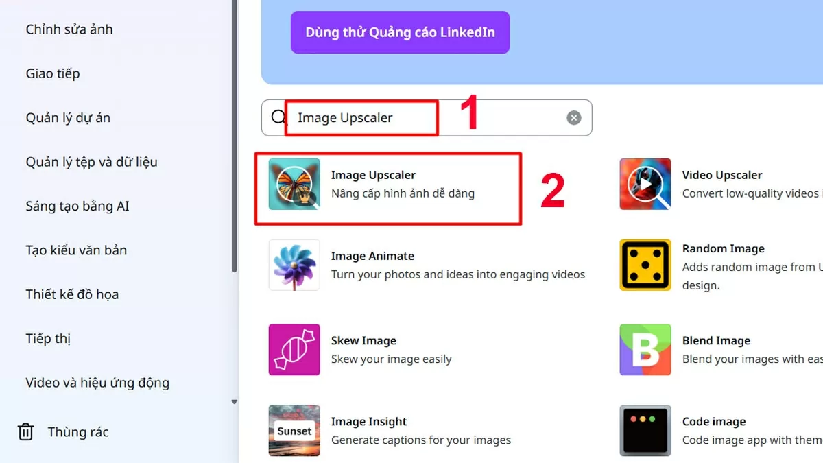 Nhập từ khóa “upscale image” vào thanh tìm kiếm. Nhập từ khóa “upscale image” vào thanh tìm kiếm.