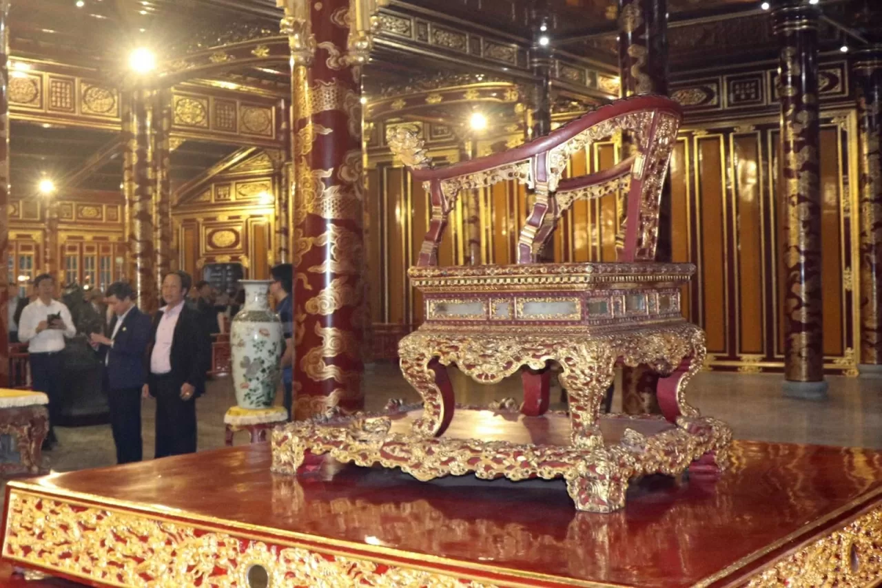 Ngai vàng - Bảo vật quốc gia ở vị trí trung tâm của Điện Thái Hoà. Ảnh: Đỗ Trưởng/TTXVN Ngai vàng - Bảo vật quốc gia ở vị trí trung tâm của Điện Thái Hoà. Ảnh: Đỗ Trưởng/TTXVN
