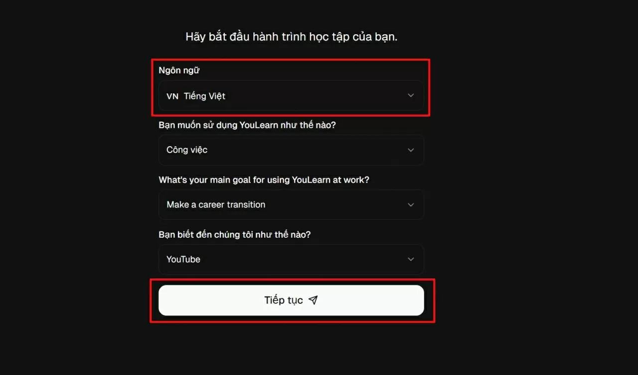 Lựa chọn ngôn ngữ hiển thị là Tiếng Việt.