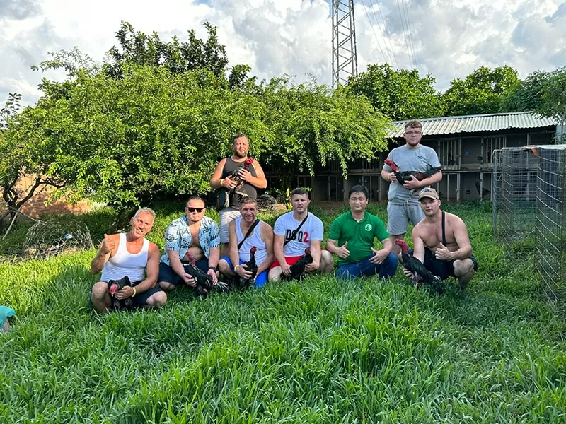 Đoàn khách Anh Quốc đến thăm quan trang trại gà nòi của doanh nhân Phạm Thanh Việt.