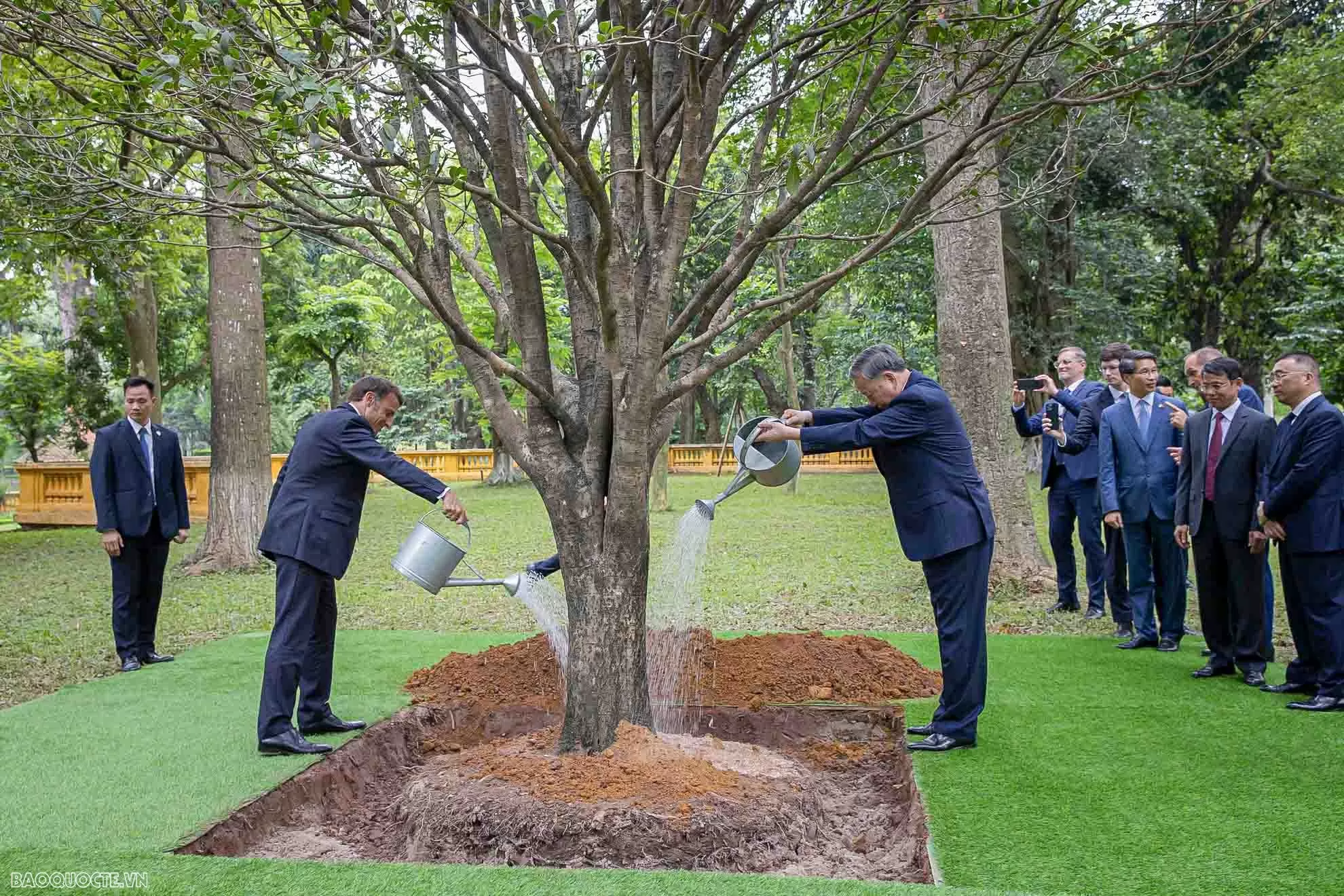 Tổng Bí thư Tô Lâm và Tổng thống Emmanuel Macron trồng cây mộc tại Khu Di tích Chủ tịch Hồ Chí Minh