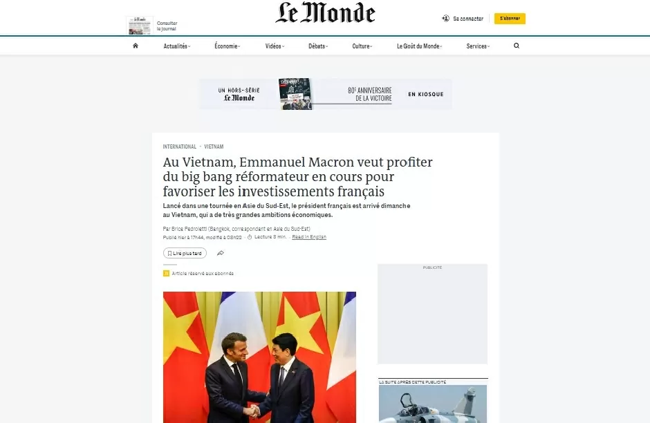 Báo Pháp đề cao các văn kiện hợp tác được ký kết trong chuyến thăm của Tổng thống Emmanuel Macron Báo Pháp đề cao các văn kiện hợp tác được ký kết trong chuyến thăm của Tổng thống Emmanuel Macron