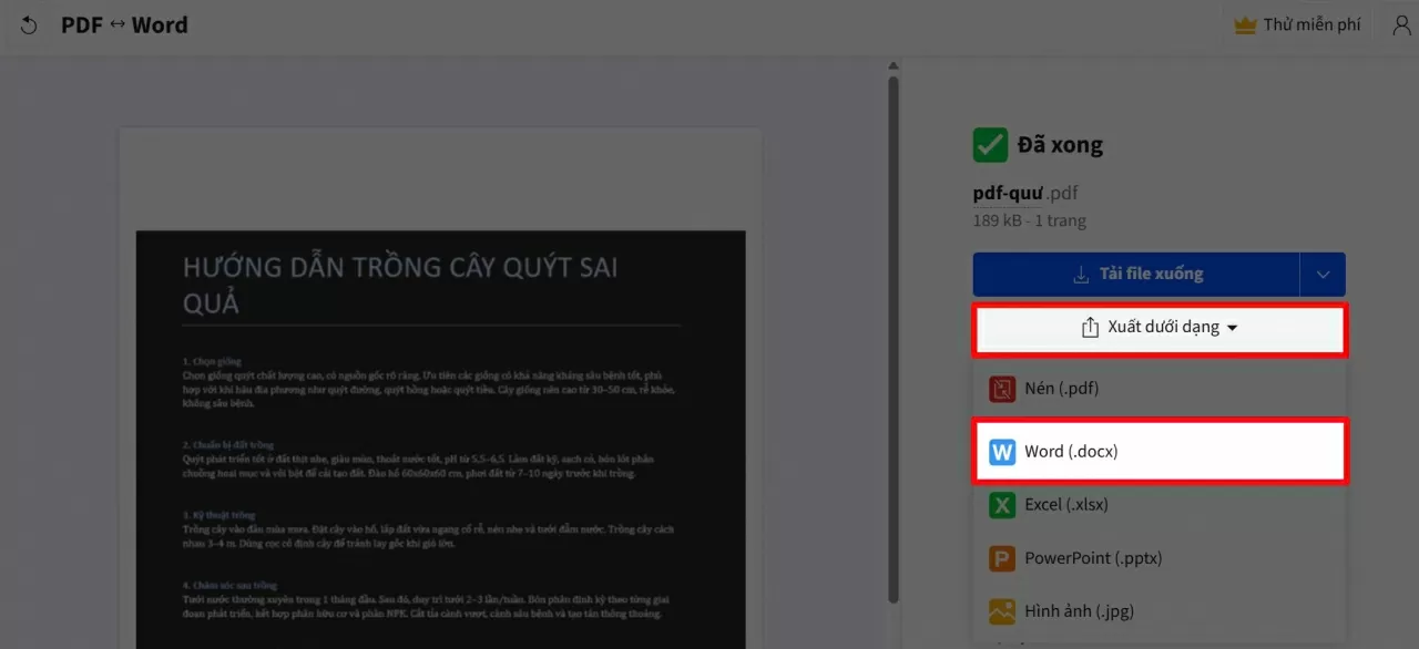 Khi hệ thống xử lý xong, bạn sẽ thấy tùy chọn “Xuất dưới dạng”. 