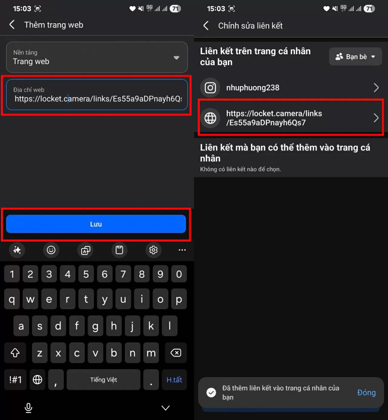Dán đường dẫn Locket bạn vừa sao chép.