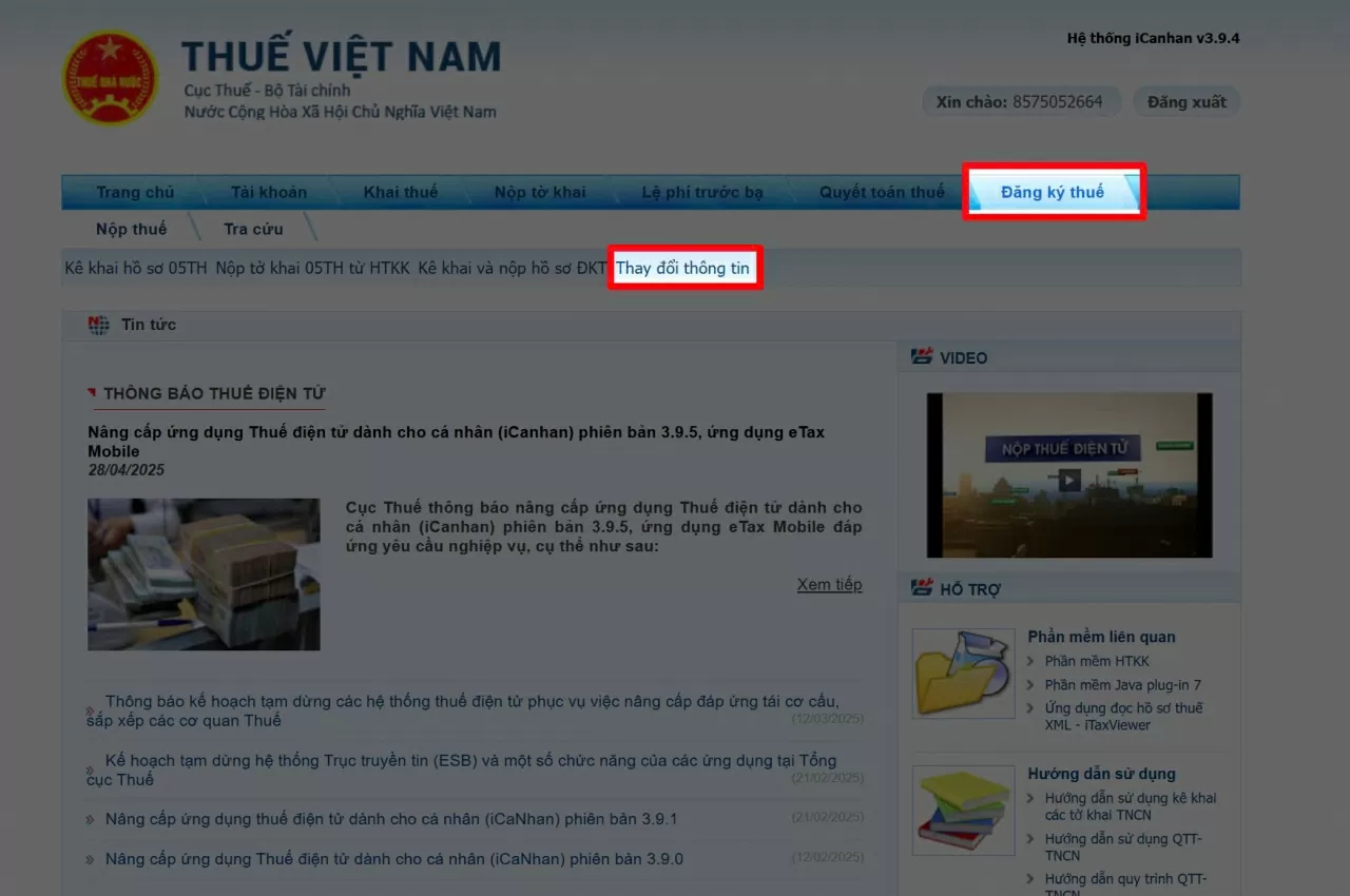 Chọn mục Đăng ký thuế > Nhấn Thay đổi thông tin..