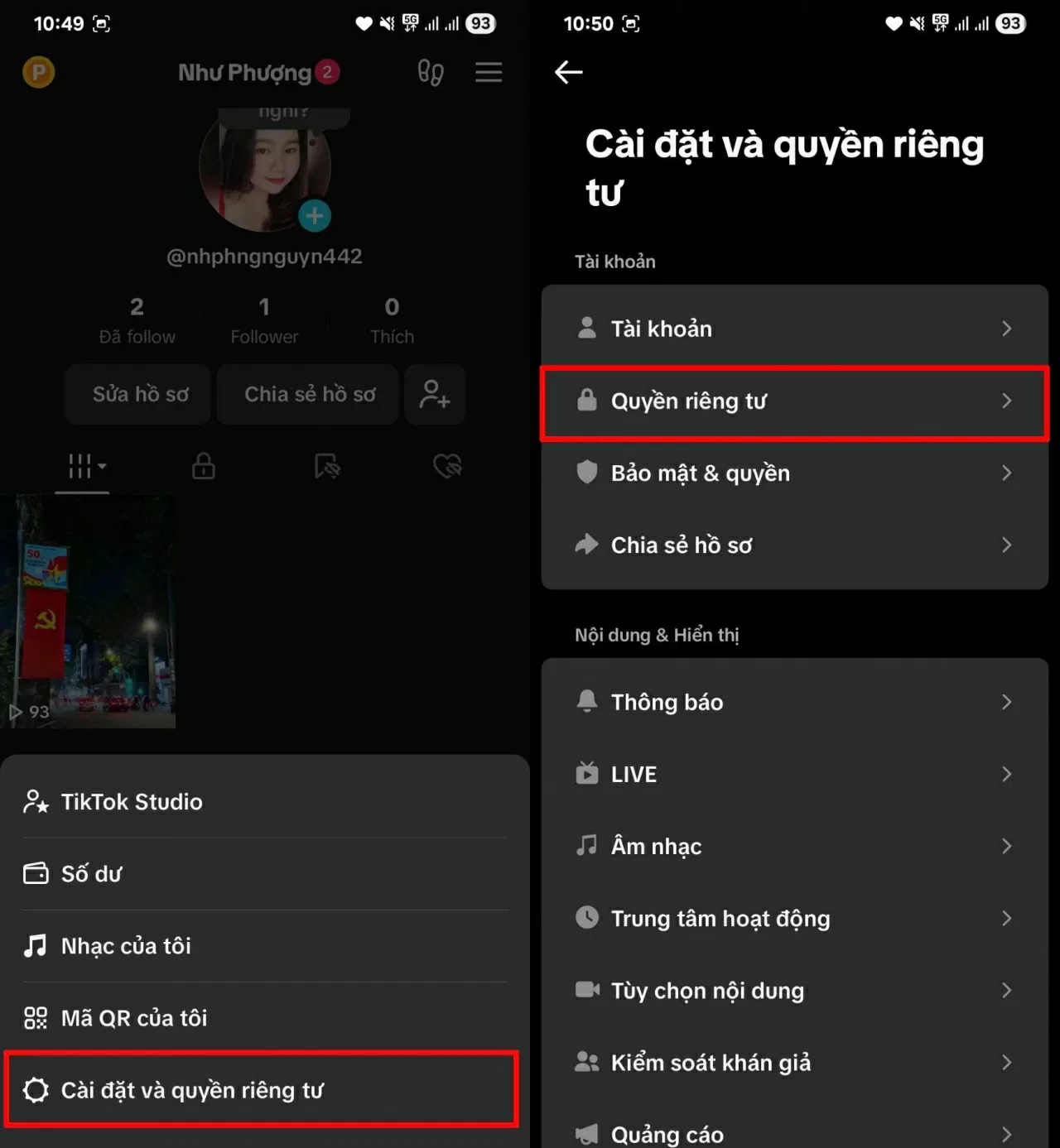 Vào “Cài đặt và quyền riêng tư” > chọn “Quyền riêng tư”.. Vào “Cài đặt và quyền riêng tư” > chọn “Quyền riêng tư”..