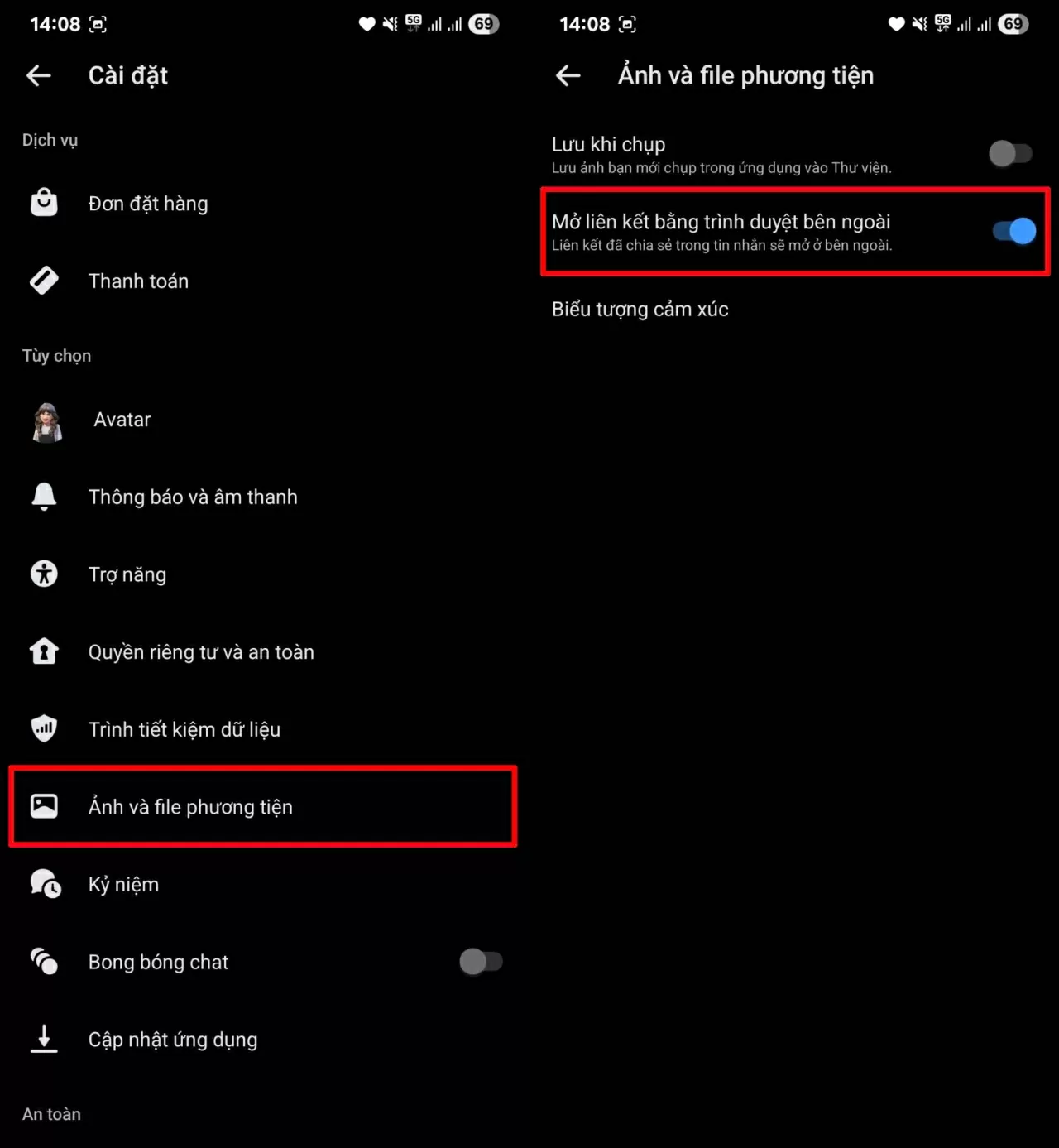 Cuộn xuống phần Ảnh và file phương tiện. Cuộn xuống phần Ảnh và file phương tiện.