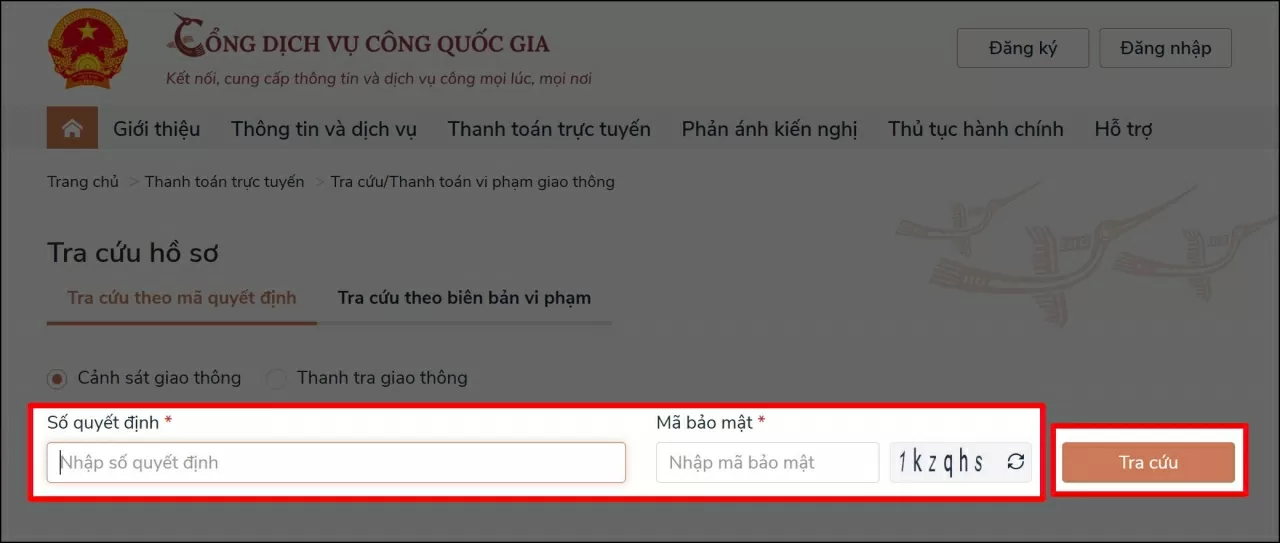 Nhập số quyết định hoặc số biên bản vi phạm vào ô tra cứu. 