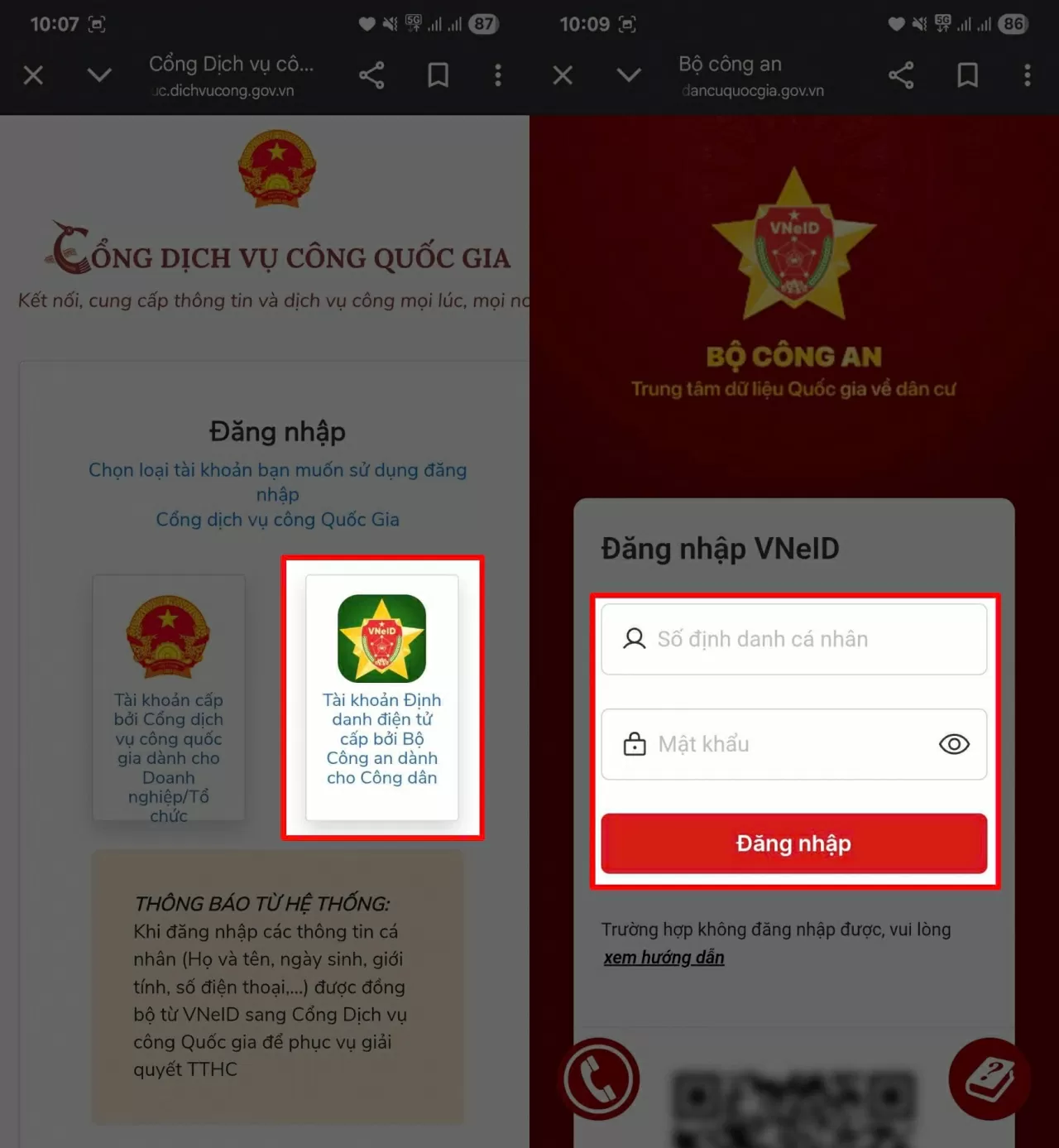 Chọn hình thức đăng nhập bằng Tài khoản định danh cá nhân. Chọn hình thức đăng nhập bằng Tài khoản định danh cá nhân.