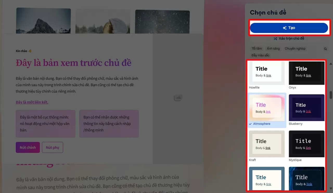 ạn có thể cuộn xuống để xem trước các mẫu, sau đó chọn một mẫu ưng ý và nhấn Tạo. ạn có thể cuộn xuống để xem trước các mẫu, sau đó chọn một mẫu ưng ý và nhấn Tạo.