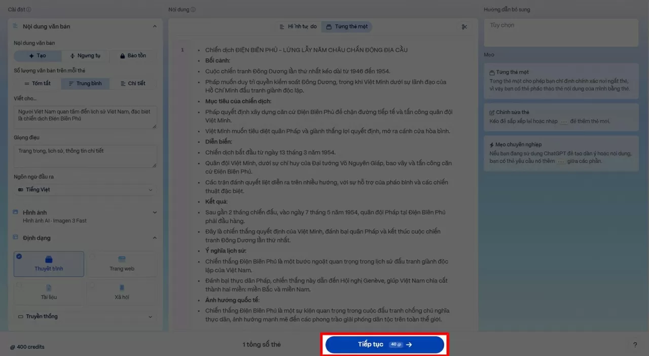 Hãy nhấn Tiếp tục để chuyển sang bước chọn chủ đề.