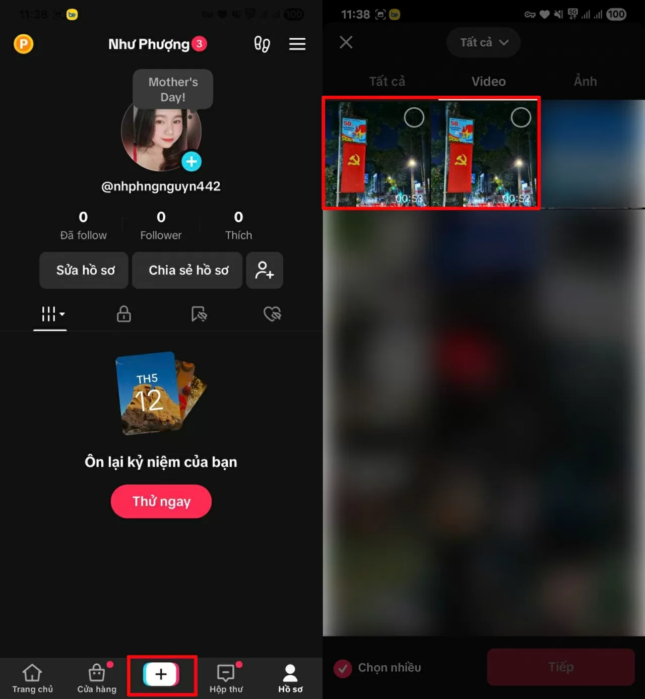Mở TikTok và nhấn vào dấu “+” . Mở TikTok và nhấn vào dấu “+” .