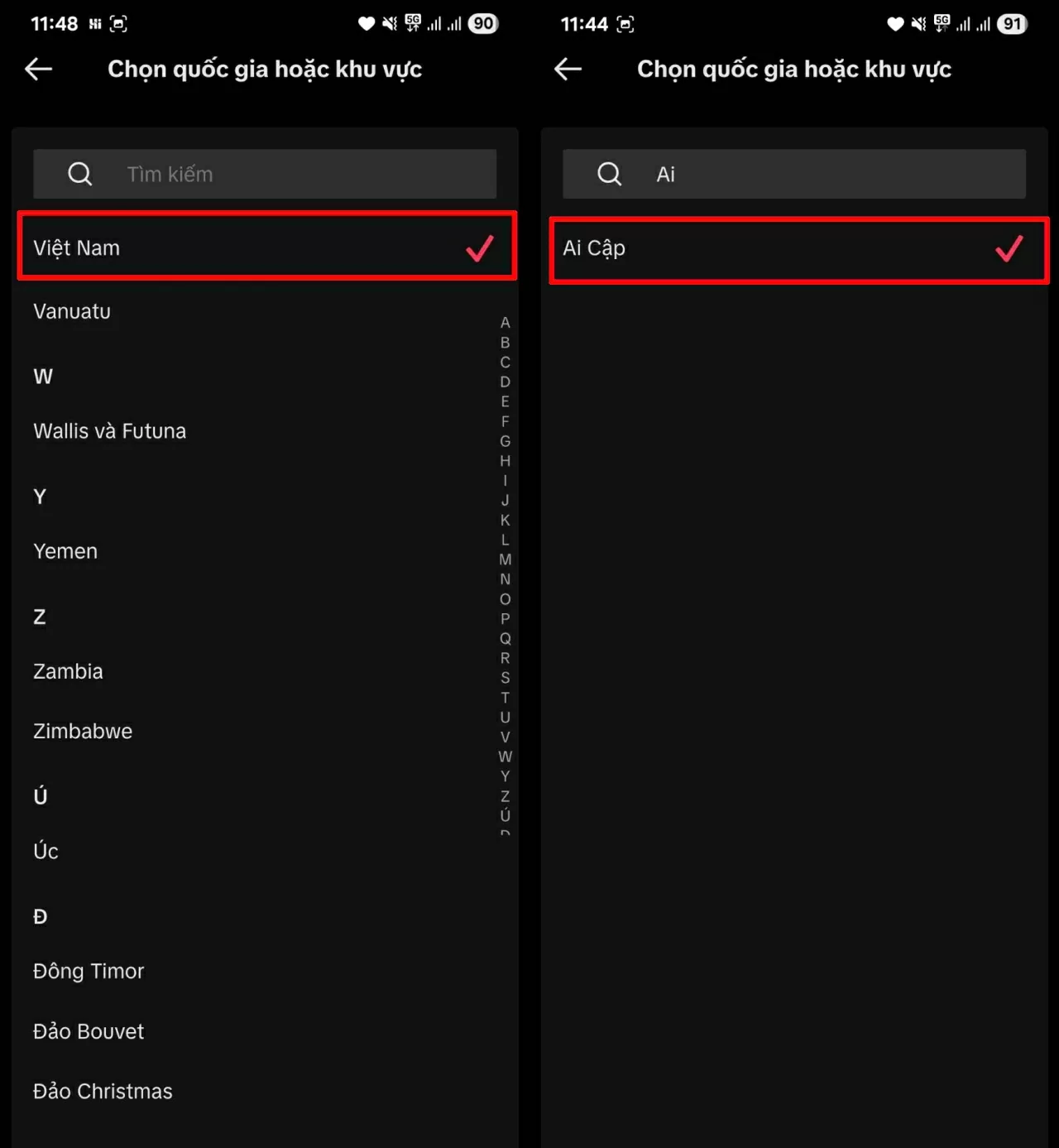 Tìm và chọn quốc gia bạn muốn chuyển đến.