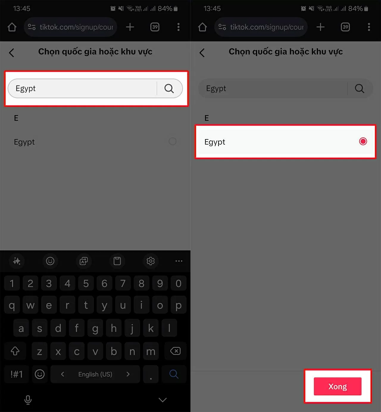 Nhập “Egypt” để chuyển vùng sang Ai Cập.