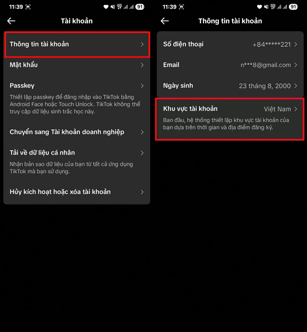 Chọn mục Thông tin tài khoản.