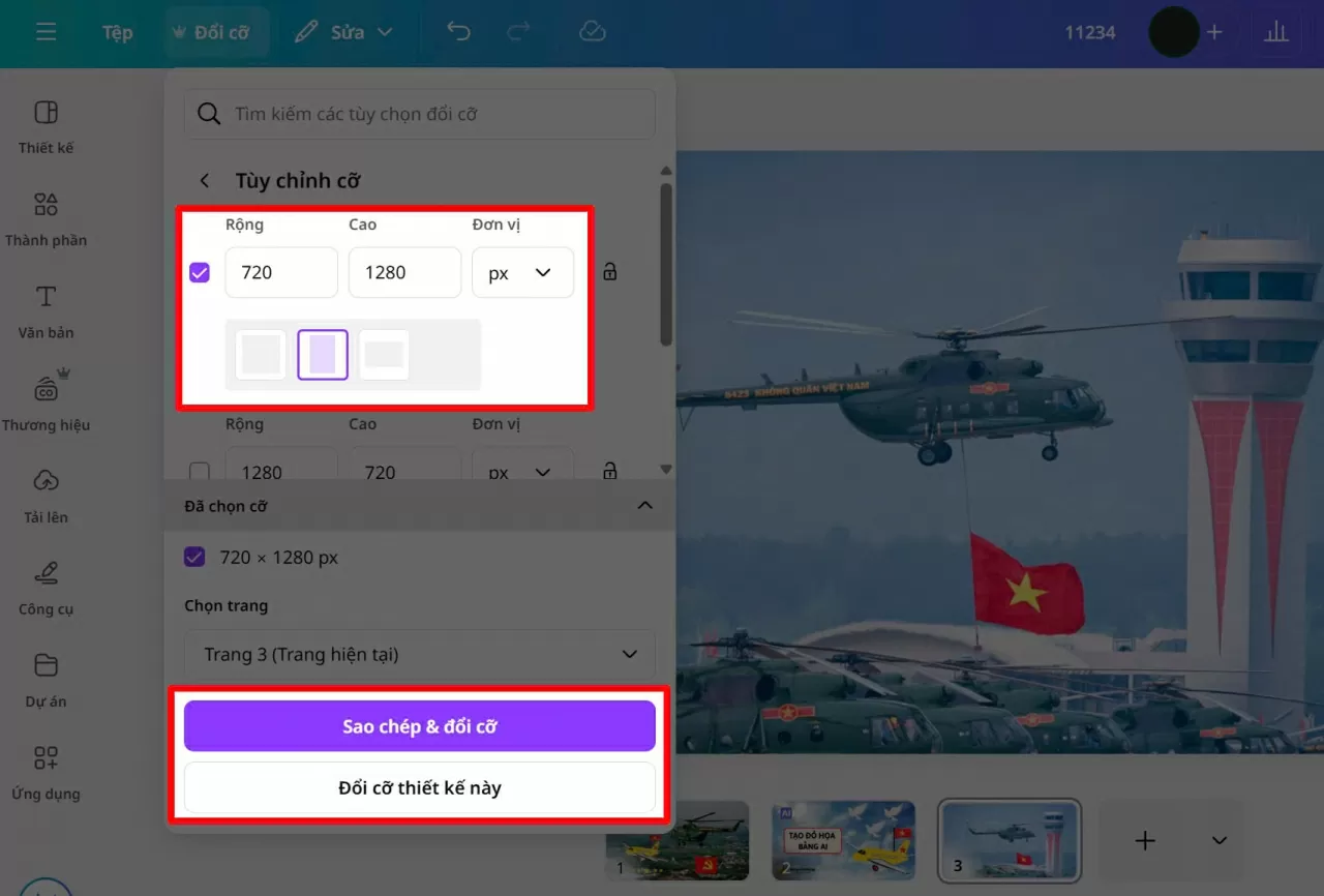 Bấm “Đổi cỡ thiết kế này” để Canva tiến hành xử lý. Bấm “Đổi cỡ thiết kế này” để Canva tiến hành xử lý.
