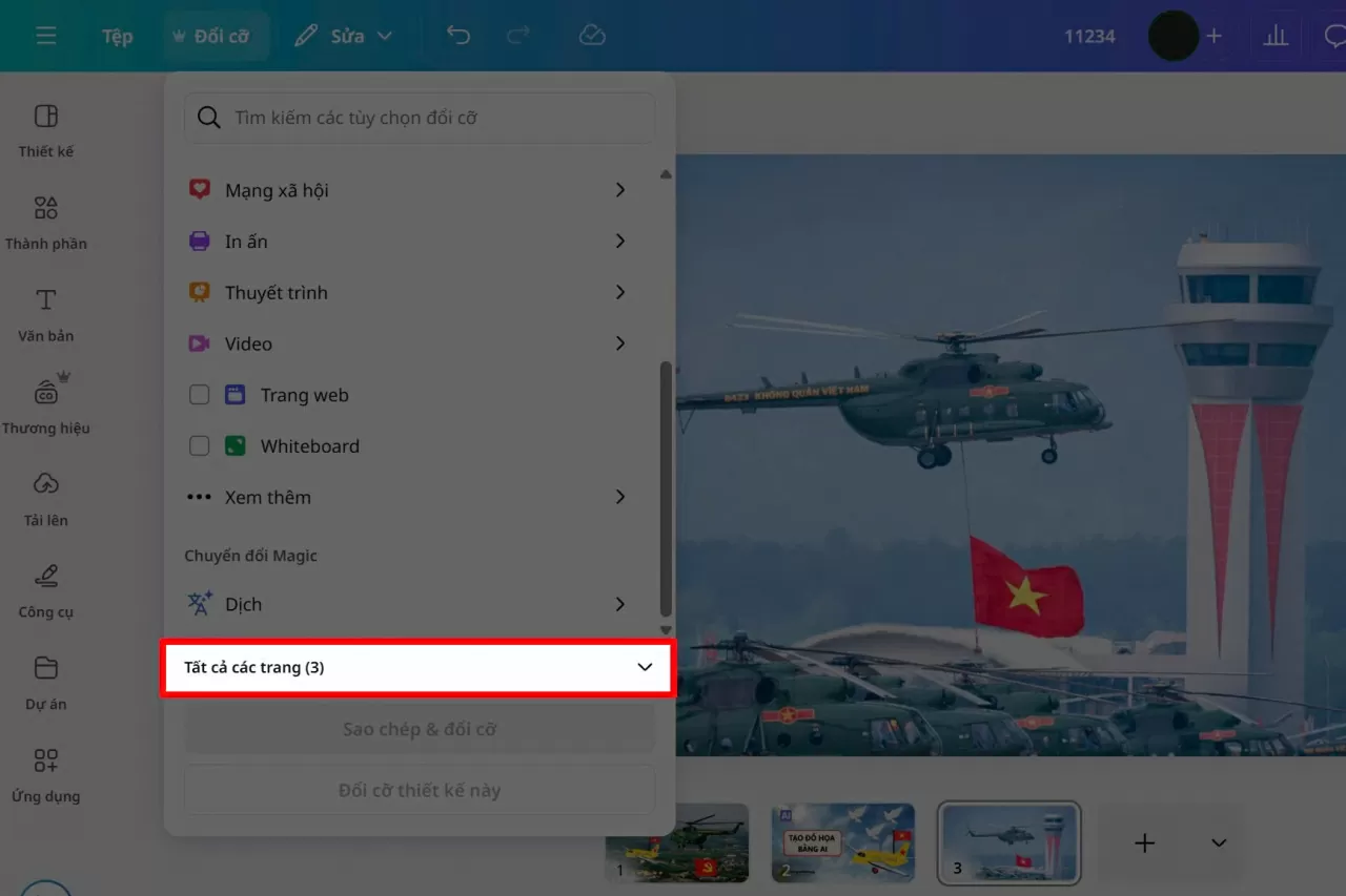 Chọn mục “Tất cả các trang”.