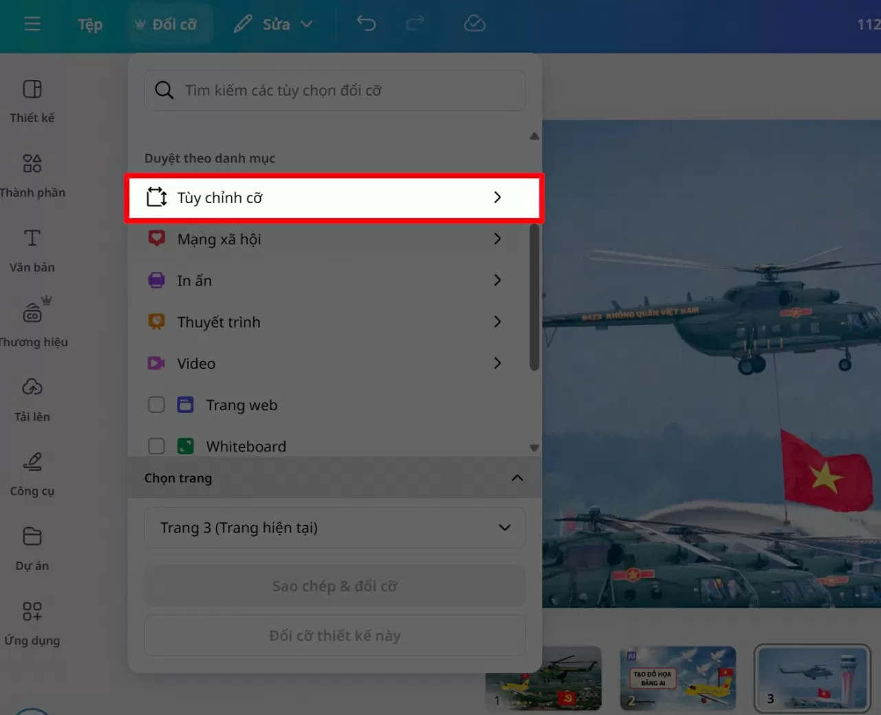 Chọn “Tùy chỉnh kích cỡ” (Custom size).