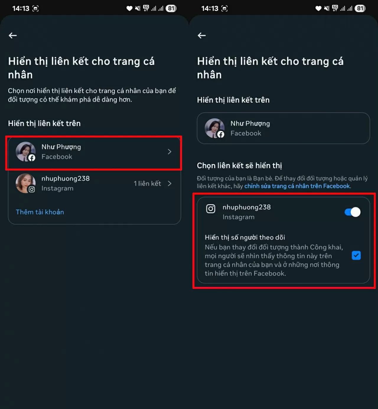 Chọn tài khoản Facebook bạn muốn hiển thị liên kết.