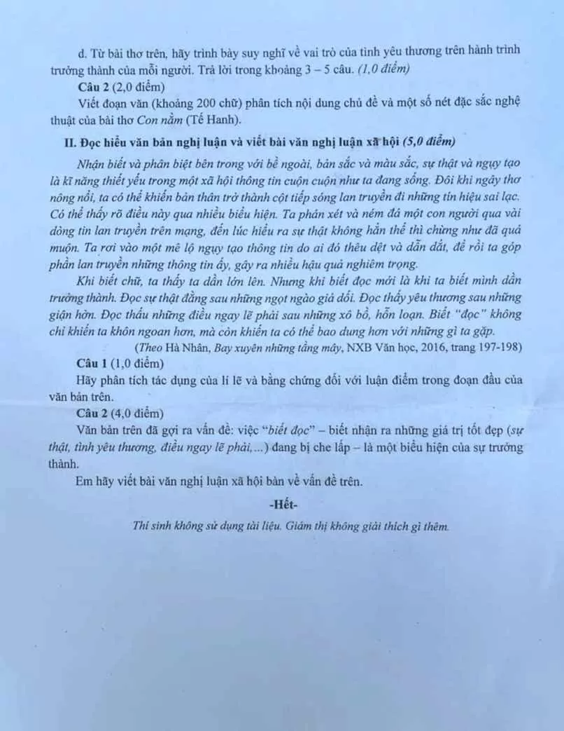 Đề Văn thi vào lớp 10 của TP HCM