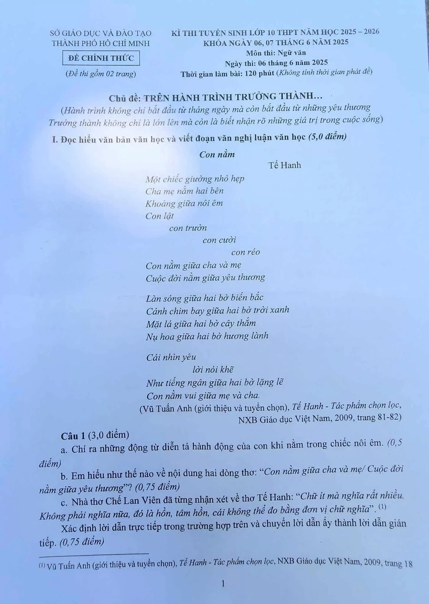 Đề Văn thi vào lớp 10 của TP HCM