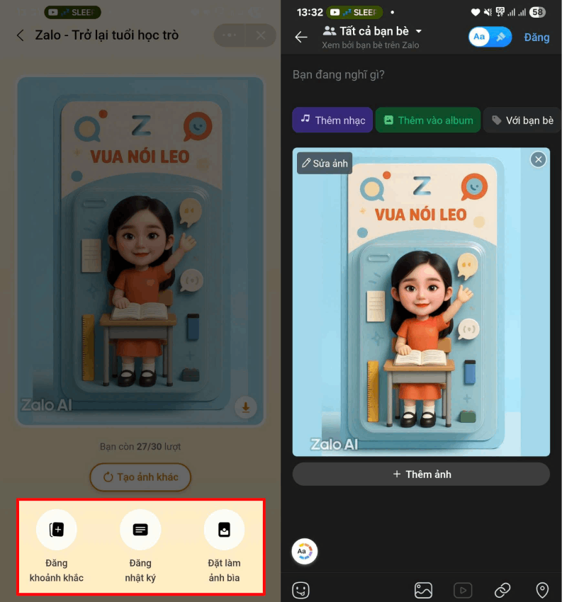 Bạn có thể lưu về máy hoặc chia sẻ trực tiếp lên Nhật ký Zalo.