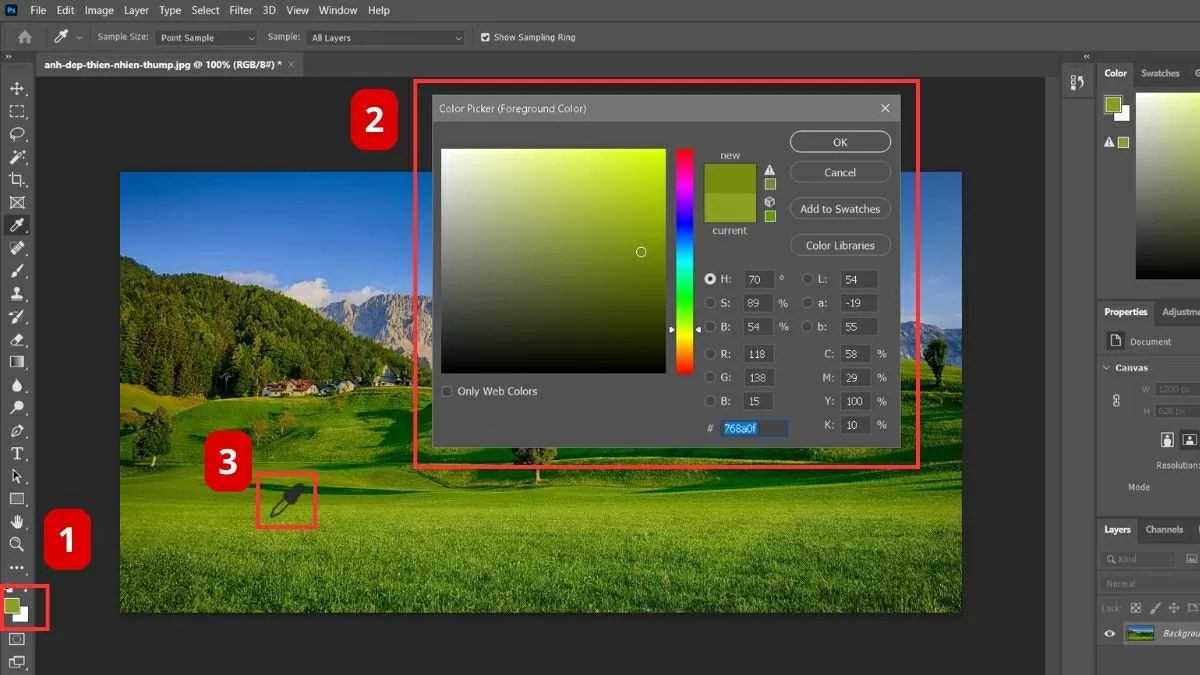 Nhấn vào ô màu Foreground.